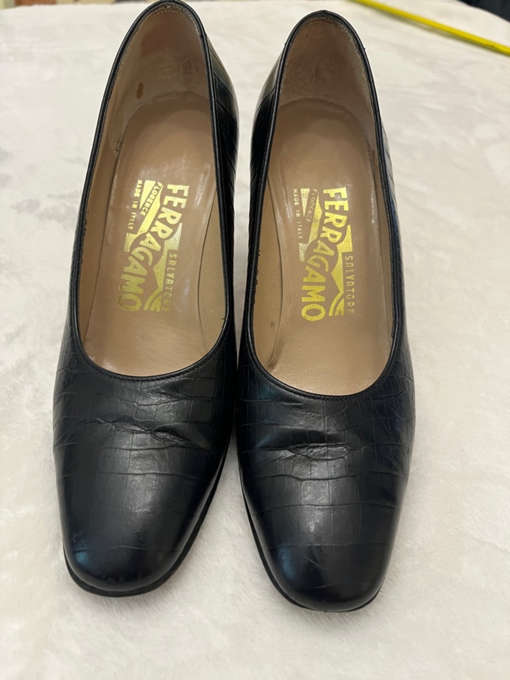 Salvatore Ferragamo Black Croc-Embossed Leather Pumps